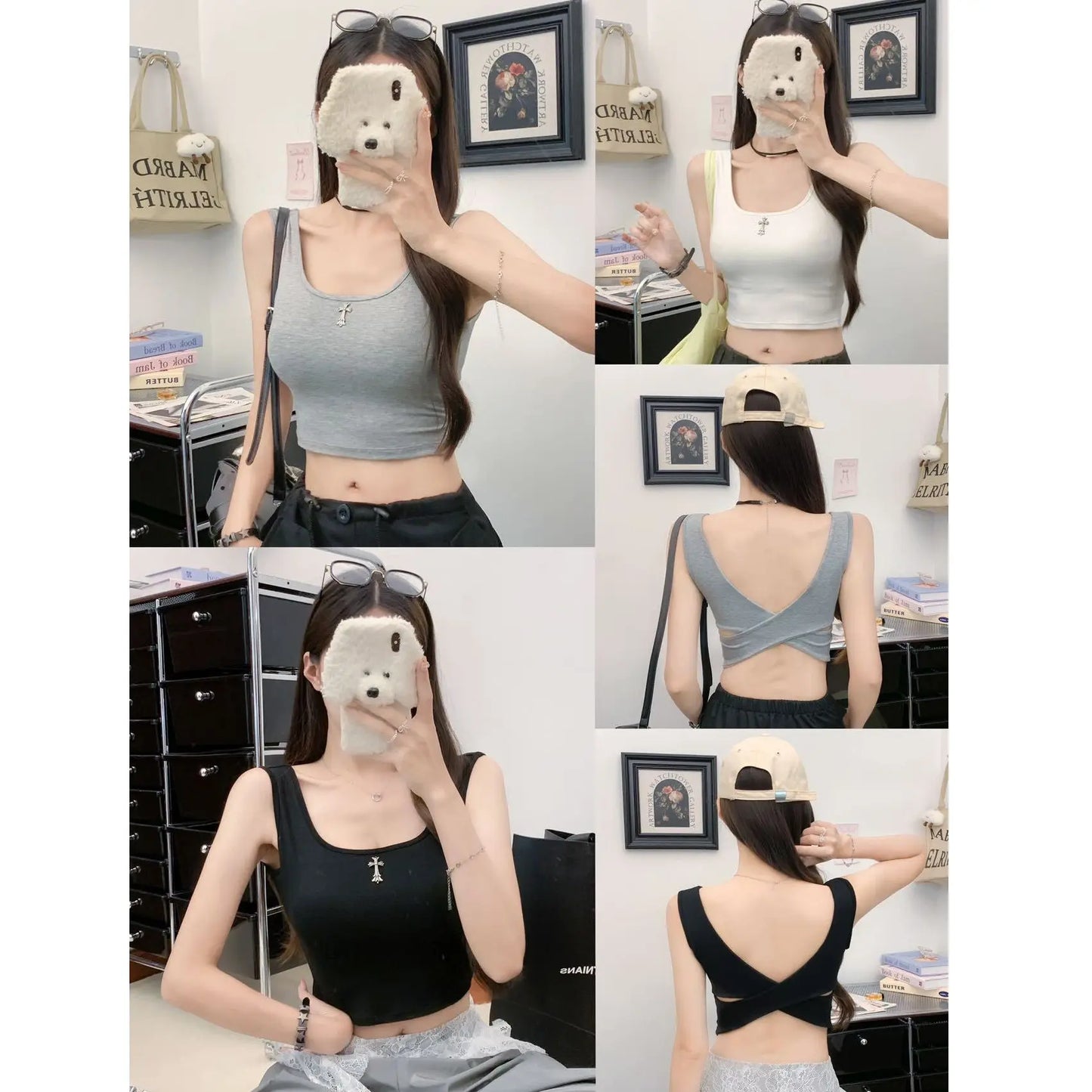 Square Neck Sling Camisoles Women Beautiful Back Cross Back Casual Sports Tank Top with Chest Pad