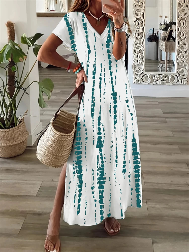 New 2025 Summer Women's Dresses Patchwork Geometric Printing Casual Temperament Dresses Fashion Beach Short Sleeve Dresses