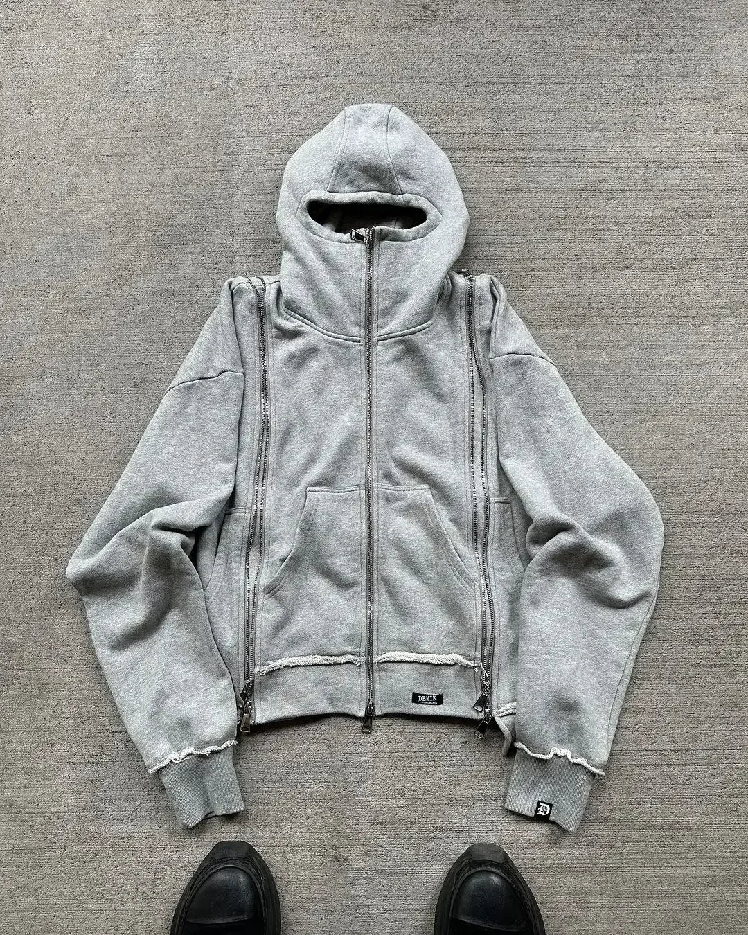 Black Hip Hop Men Zipper Hooded Sweatshirt Double-Waist Zipper Suit American Vintage Retro Fashion New Trend Streetwear