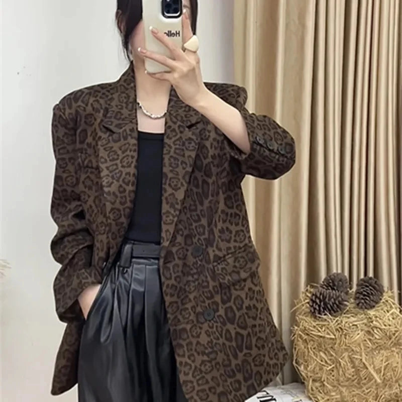 2025 Spring Autumn New Korean Fashion Leopard Print Blazer Women Long Sleeve Suit Coat Female Casual Office Outwear Ladies Tops