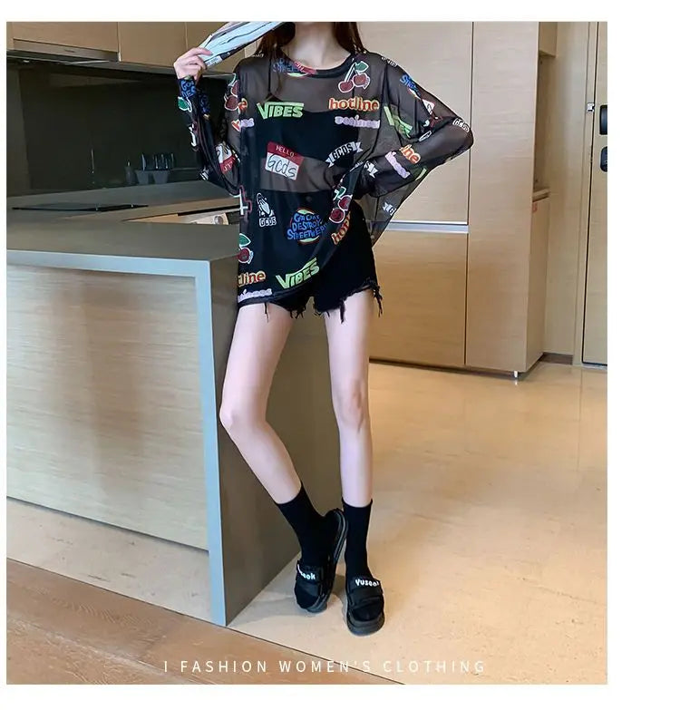 Women Letter Graphic Print Sexy Sheer Mesh Harajuku Y2K T Shirt Summer Trendy Long Sleeve Thin Tees Casual Streetwear Tops Ropa