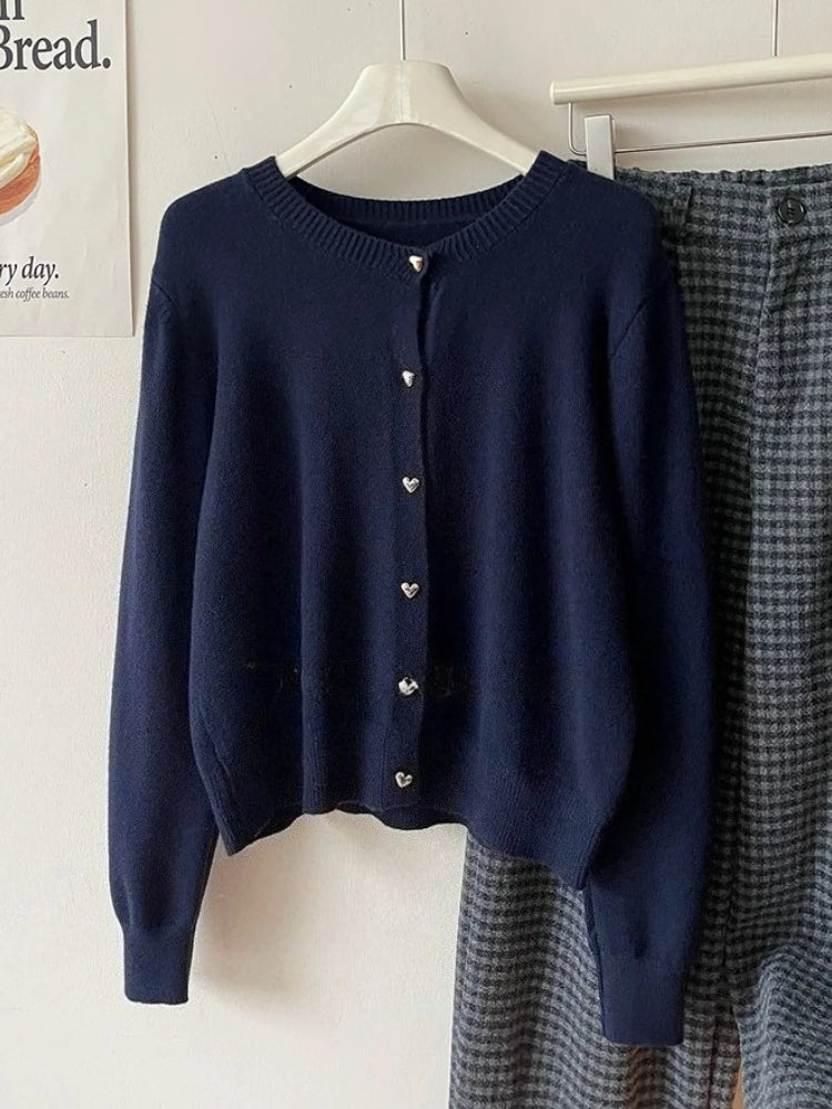 Autumn Winter 2025 New Women's Retro Love Small Gold Buckle Cardigan Female Casual Solid Long Sleeve Slim Knitted Sweater