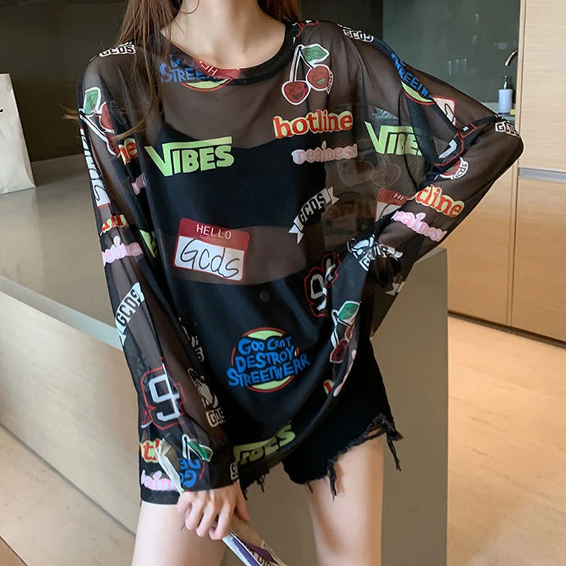 Women Letter Graphic Print Sexy Sheer Mesh Harajuku Y2K T Shirt Summer Trendy Long Sleeve Thin Tees Casual Streetwear Tops Ropa