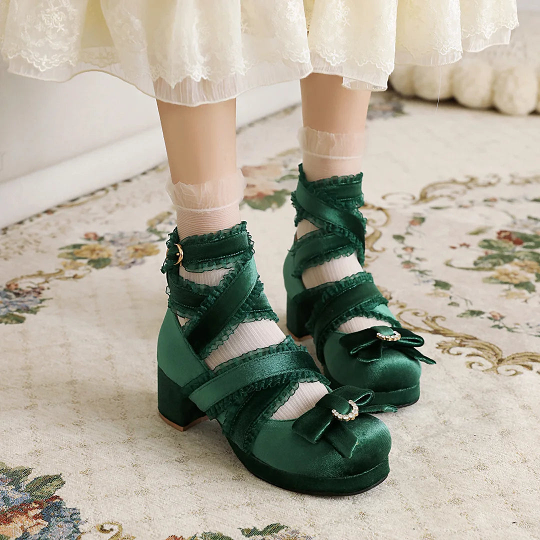 JK Fairy Lolita Shoes Flock Gold Velvet Bow Platform Mary Jane Cross Strap Pumps Gladiator Cosplay Party Red Green Black