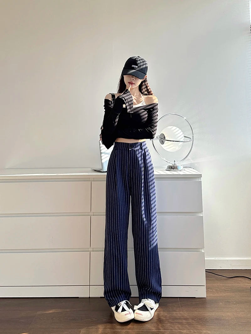 Slimming High Waist Trousers Women's Loose Striped Wide Leg Pants Korean Sle Commute Faion plus Size Long Trousers
