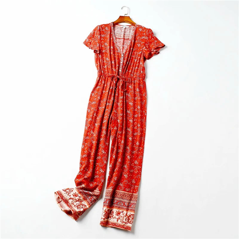 Happie Queens Women Floral Print Lace-up Boho Bodysuits with Pokctes Elastic Waist Short Sleeve Bohemian Rayon Playsuits Rompers