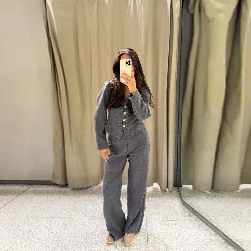 Casual Knitted Pant Suit Women Solid V-neck Full Sleeve Button Jacket Wide Trouser 2025 Autumn Fashion 2 Pieces Set Lady Outfits