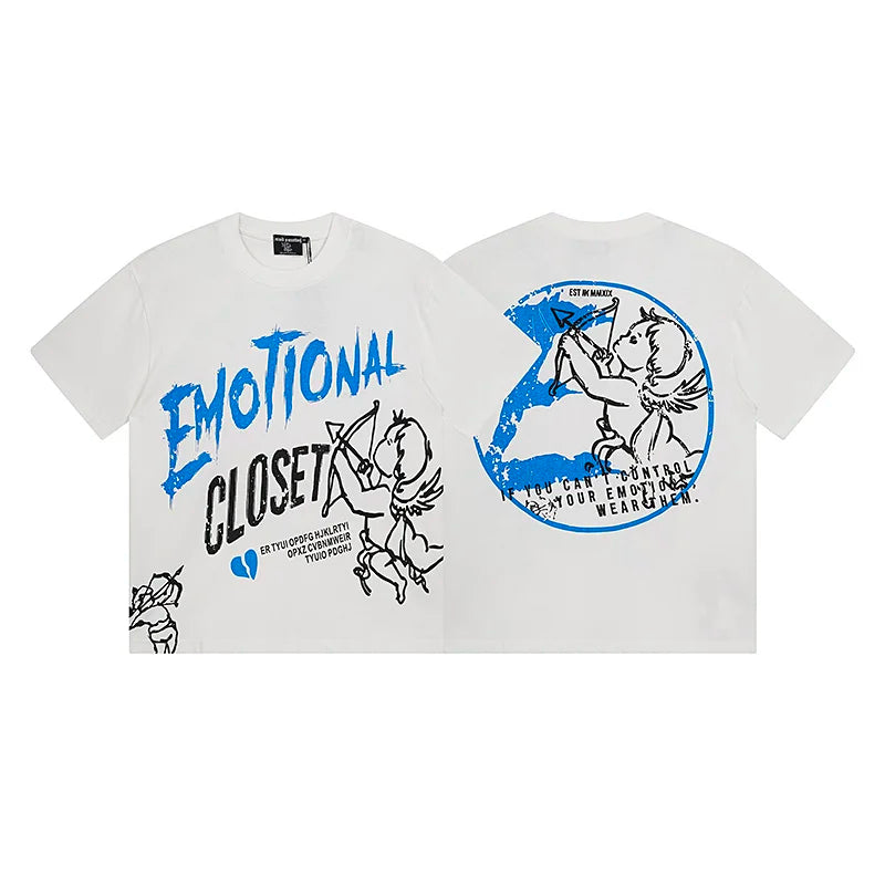 Oversized MIXED EMOTION White T-Shirts Men Women Pure Cotton Casual Red Hot Drill Letters Tshirts