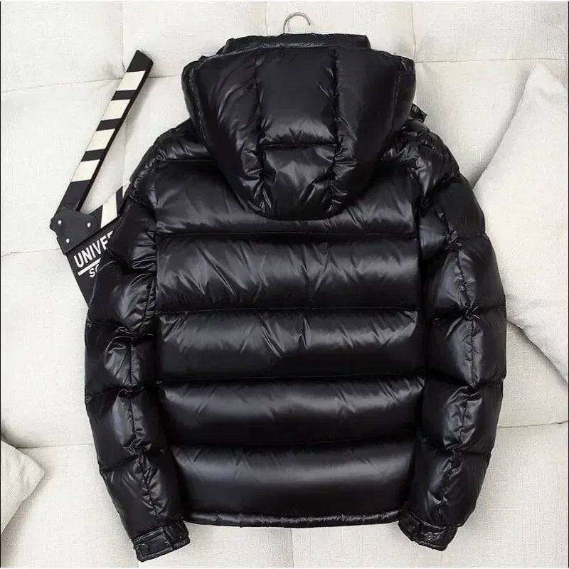 Mens Glossy Parka Casual White Duck Hooded Down Jacket Waterproof Windproof Ski Thick Warm Outwear Men Winter Fashion Shiny Coat