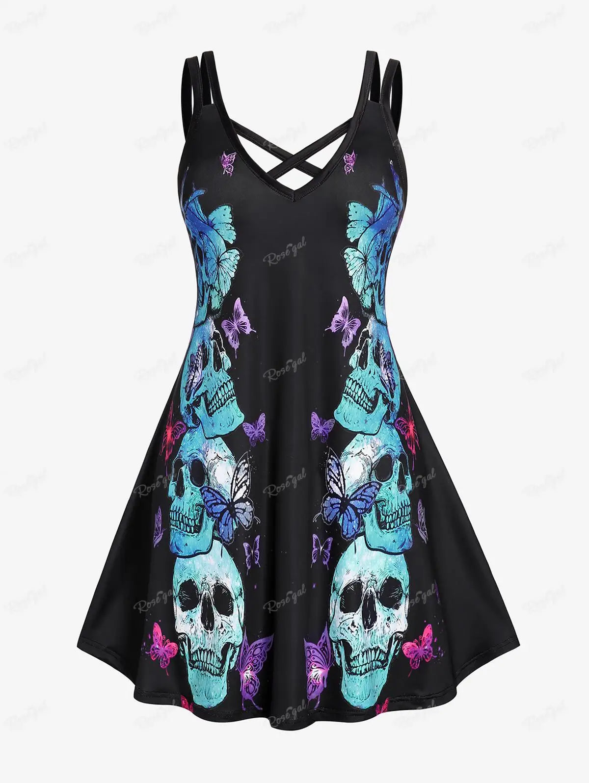 ROSEGAL Halloween 3D Printed Dresses Plus Size Crisscross Skull Print Dress Summer Casual Sleeveless Vestidos 5XL