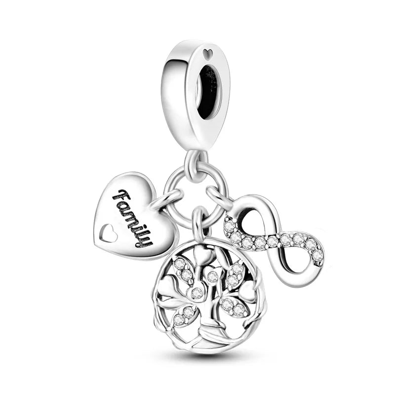 Original 925 Sterling Silver Love Heart Family Charm Beads Pendant Fit Bracelet Charm Women DIY Jewelry Gift