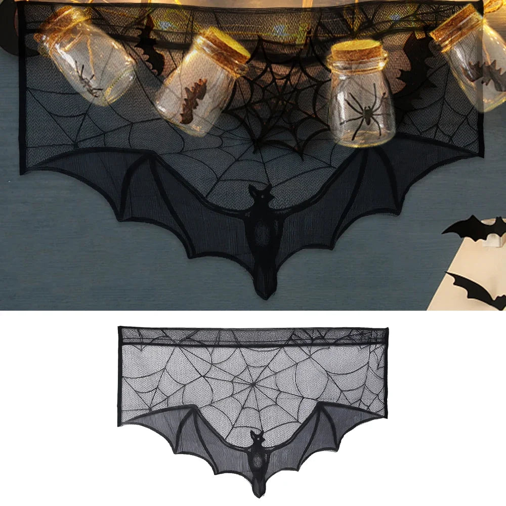 Hallowen Bat Spider Web Table Runner Door Curtain Lace Cobweb Fireplace Cover Lampshade Perfect for Gothic Halloween Decoration