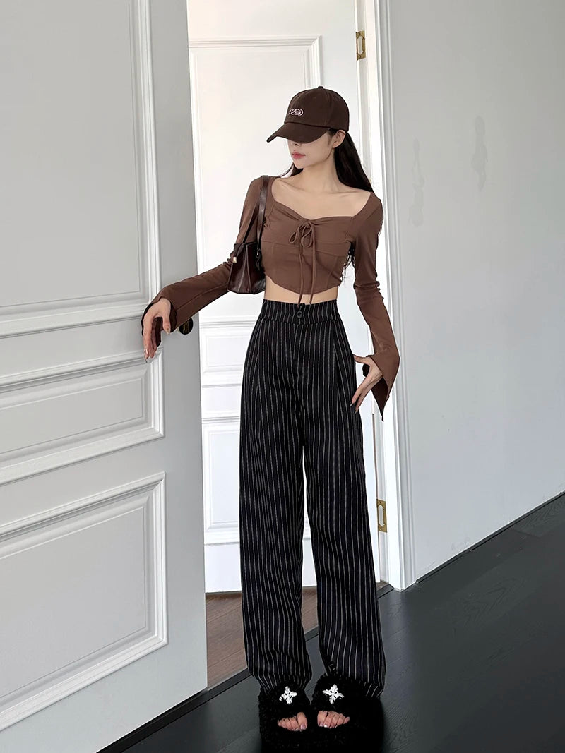 Slimming High Waist Trousers Women's Loose Striped Wide Leg Pants Korean Sle Commute Faion plus Size Long Trousers