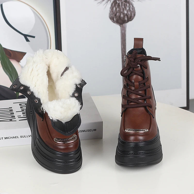 12CM Genuine Leather Winter Autumn Chimney Plush Spring Ankle Booties Fashion ZIP Women Moccasins Platform Wedge Shoes