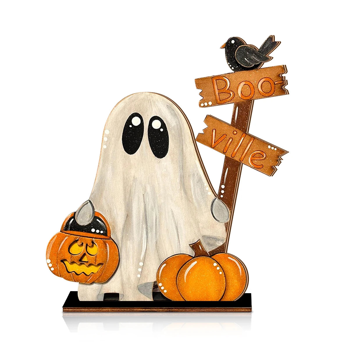 Halloween Wooden Ghost Decor with Pumpkin Bucket and "Boo - ville" Sign - Festive Home Decoration