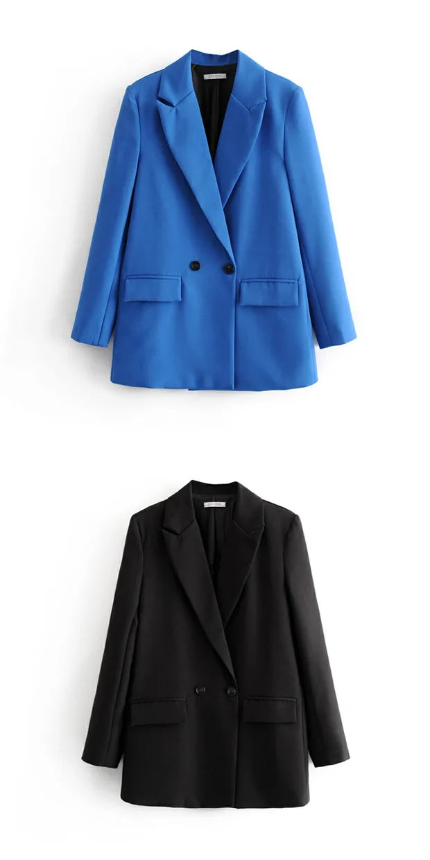 New Women's Double-Breasted Suit Jaet Casual Top 2 Colors Commute Sle Straight Cut Polyester Long Sve Pure Color