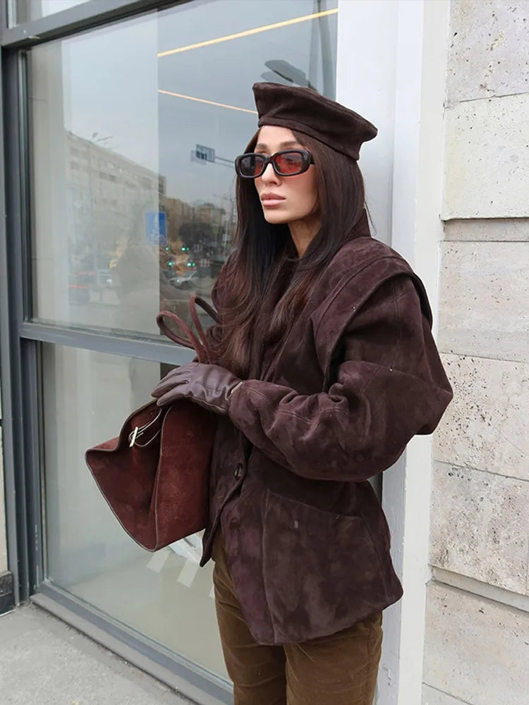 Talenza Vintage Brown Suede Jacket Women Fashion Solid V Neck Long Sleeve Pocket Lapel Single Button Coat Fashion Street Outwear