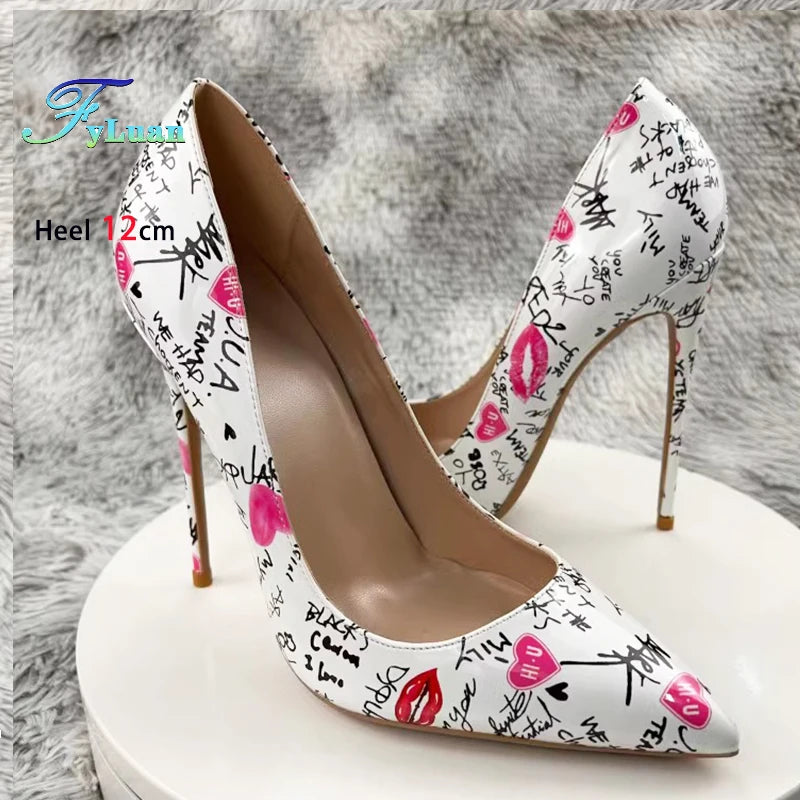 New Fashion White Artistic Graffiti Print Pointed Toe High Heel Shoes 8-12CM Women Sexy Stiletto Party Dress Shoes Plus Size 45