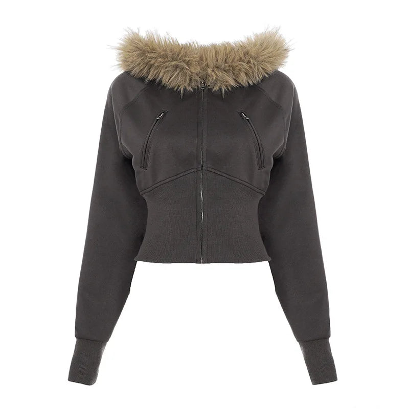Fashion Solid Feather Hooded Short Jacket Women Zipper Pockets Full Sleeve Waist-closed Coat 2025 Autumn Lady New Street Outwear