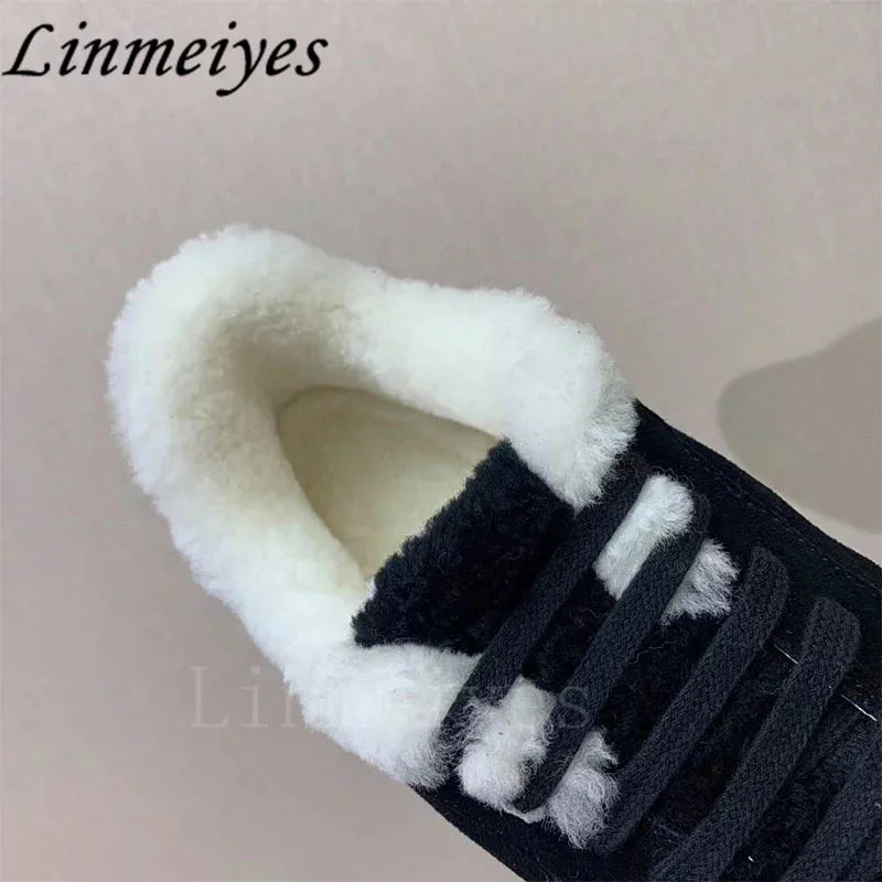 Casual Fur Sneakers Women Outdoors Run Shoes Round Toe Lace Up String Bead Flat Shoes Female Winter Wool Warm Sports Shoes Woman