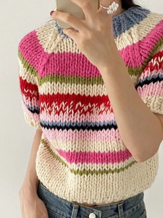 Chic Vintage Heavyweight Knitted Loose ort Sve Striped Sweater for Women Summer Collection oulder Sve