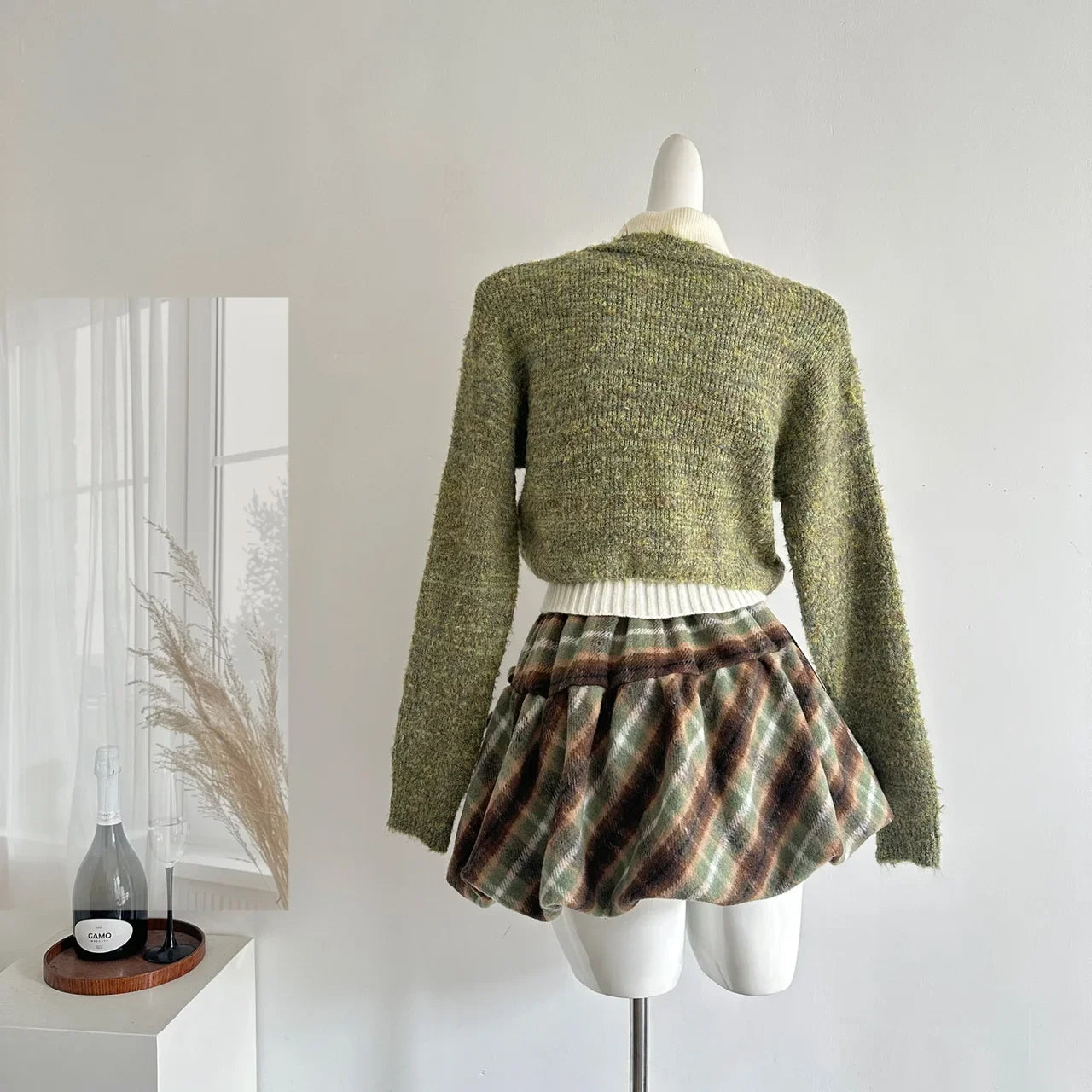 Autumn Winter Korean Cute Knitt 3 Piece Set Women Y2k Outfits Long Sleeve Crop Sweater + Knit Lapel Tank Tops + Mini Plaid Skirt