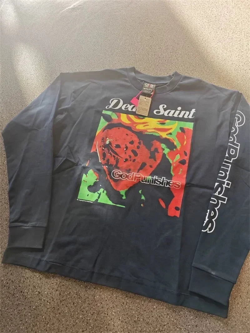 25SS Pure Cotton Saint Michael Long Sleeved T Shirts Men Women 1:1 Washed Black Manga Character Print Hoodies