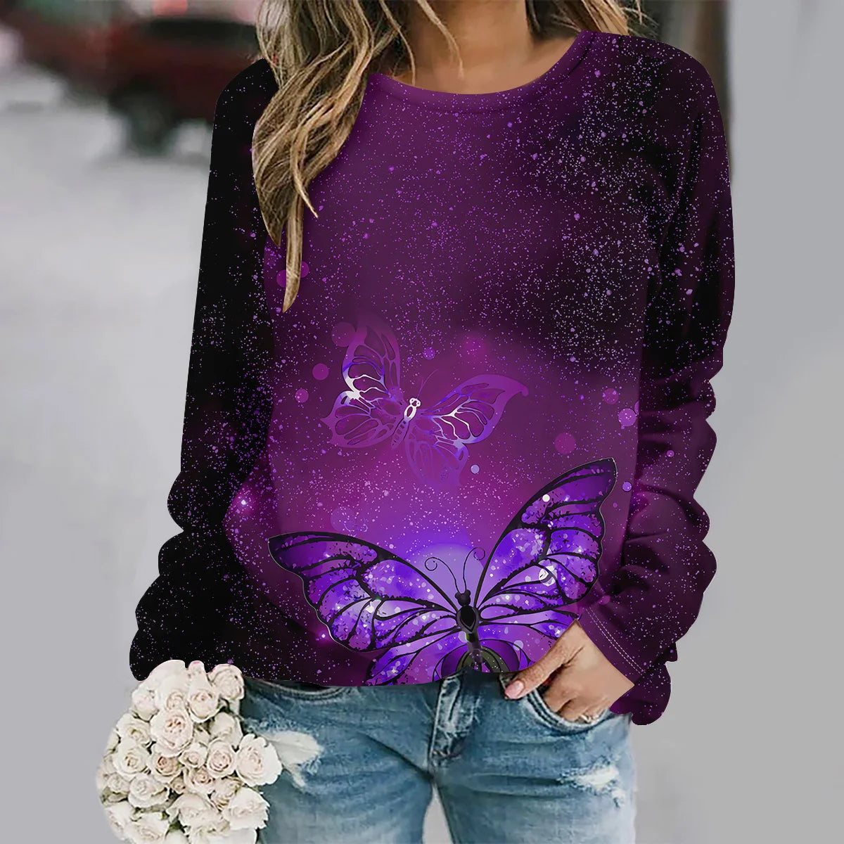 2025 Autumn and winter new fashion round neck long sleeve printed elegant casual loose hoodie