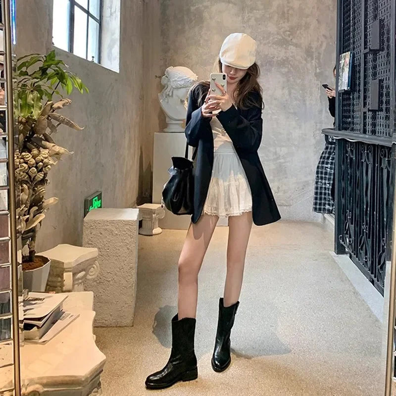 New Fashion Boots for Women Spring/Autumn Square Heel Female Mid-Calf Boots Ladies Slip-On Pointed Toe WESTERN Boots Women