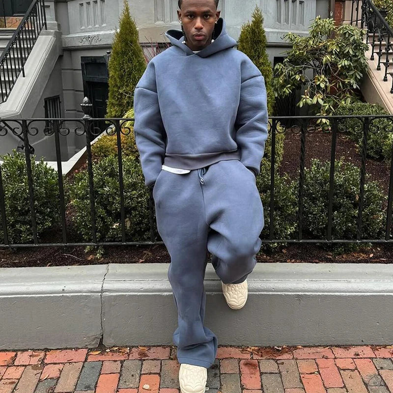 Casual Solid Hooded Pullover Straight Pants 2 Piece Set Tracksuit For Male Fashion Loose Hoodies Sweatshirt Wide Leg Sweatpants
