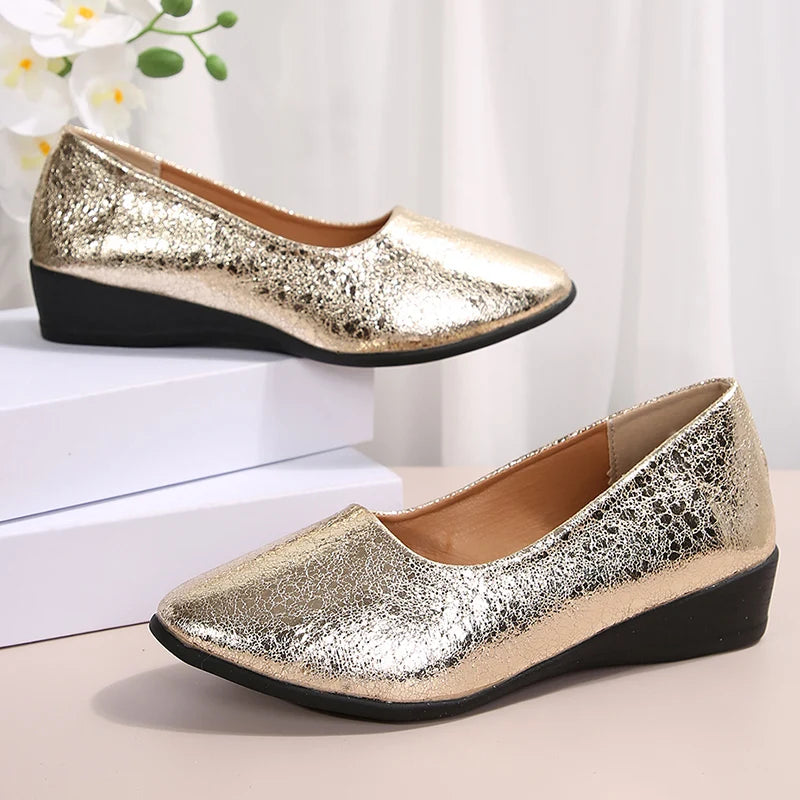 Fashion Wedges Gold Loafers Women Spring Autumn Plus Size Slip On Casual Shoes Woman Comfortable Non Slip Soft Sole Flats Ladies