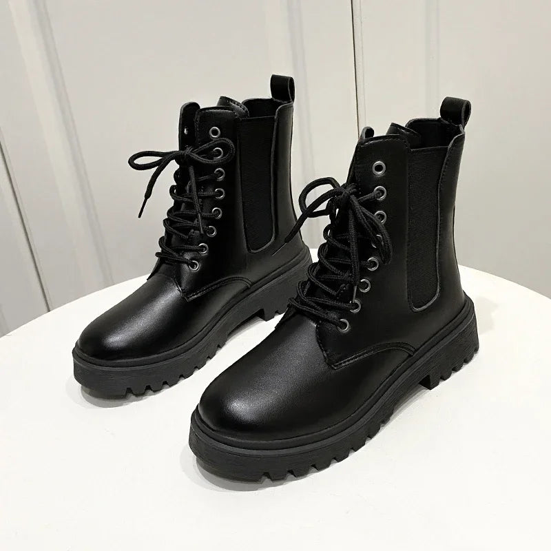 Women 2025Autumn New Tooling Boots Lady Anti Slip Waterproof Lace Up Short Boots Students Casual Thick Heel Knight Boots