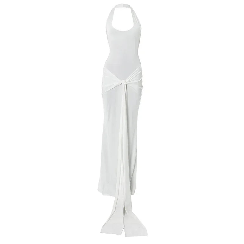 Chaxiao Halter Backless Ruched Sexy Maxi Dress Women Gown Fashion Sleeveless Backless Draped Bodycon Club Party Long Dresses