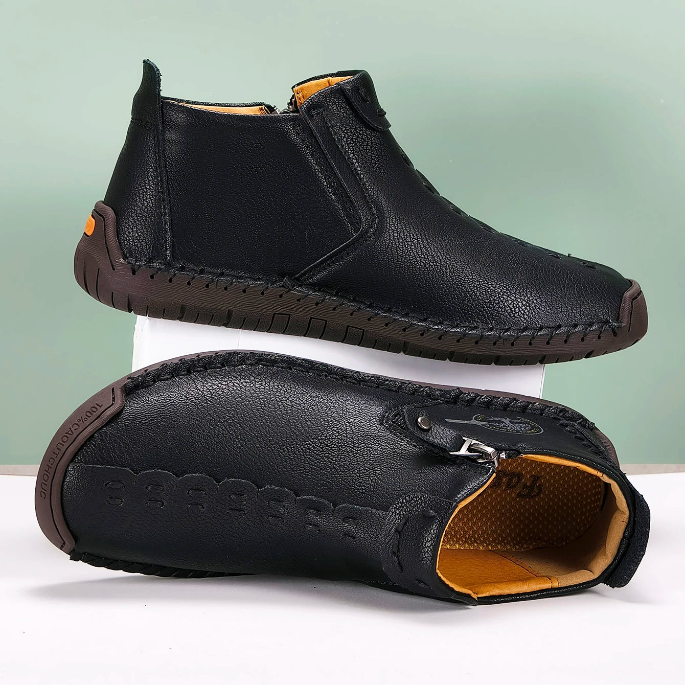 New Classic Handmade Leather Men Shoes Zipper Design Outdoor Sneakers Slip On Casual Shoes Leather Breathable Men Ankle Boots