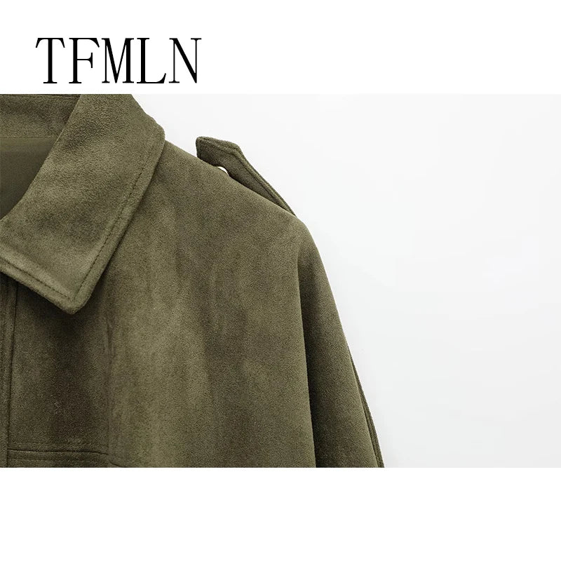 TFMLN New Fashion Suede Fabric Women Bomber Jackets 2025 Causal Long Sleeve Zipper Loose Coats Cropped Jacket Outwear