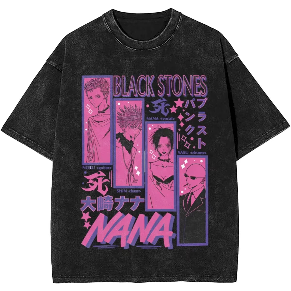 Men's Women Manga Black Stones Nana Vintage Washed T Shirts Trendy Tee Couple Summer Aesthetic Casual Clothing Hip Hop Oversized
