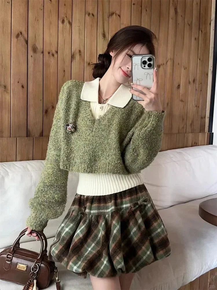 Autumn Winter Korean Cute Knitt 3 Piece Set Women Y2k Outfits Long Sleeve Crop Sweater + Knit Lapel Tank Tops + Mini Plaid Skirt
