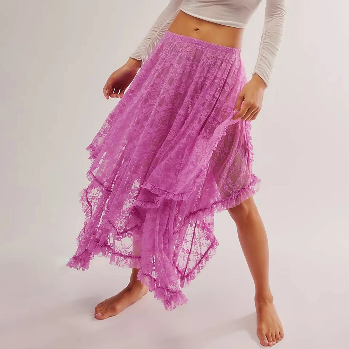 Vintage Lace Flower Women Midi Skirts Elastic High Waist Skirts Spring Summer Chic Irregular Hem Casual Female Skirts