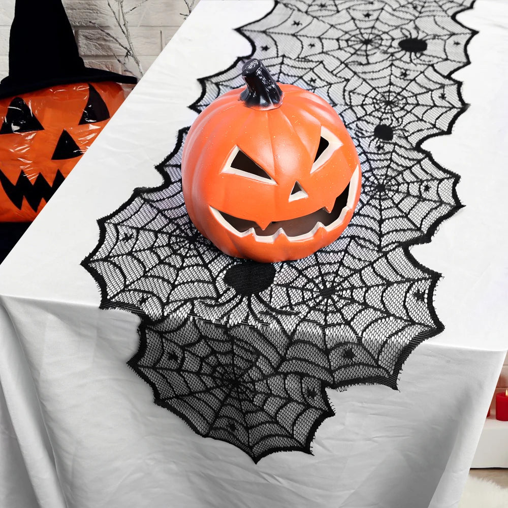 Hallowen Bat Spider Web Table Runner Door Curtain Lace Cobweb Fireplace Cover Lampshade Perfect for Gothic Halloween Decoration