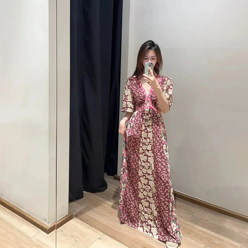 Waist Hollow out Women's Long Dress Deep V Short Sleeve 2025 Summer Lady Floral Printed Robe