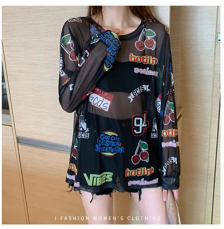 Women Letter Graphic Print Sexy Sheer Mesh Harajuku Y2K T Shirt Summer Trendy Long Sleeve Thin Tees Casual Streetwear Tops Ropa