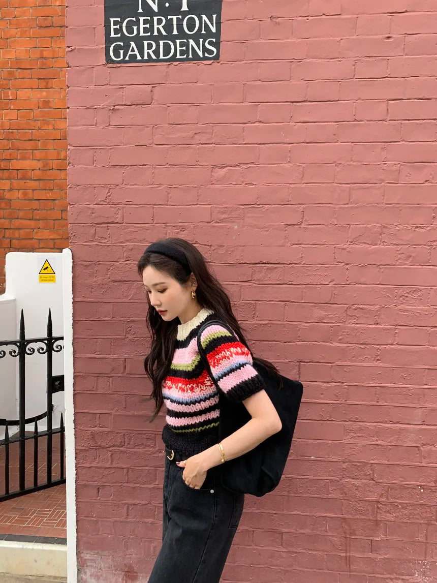 Chic Vintage Heavyweight Knitted Loose ort Sve Striped Sweater for Women Summer Collection oulder Sve