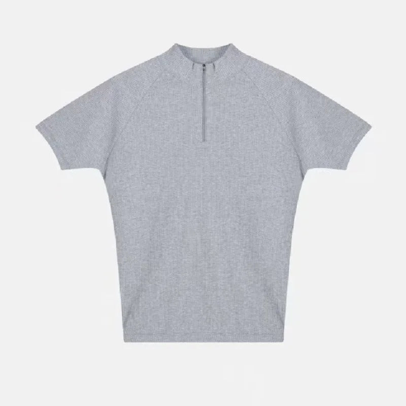 Summer New Men's Sportswear Casual Running And Fitness Stretch Solid Color Zipper Simple Striped Thick Short-sleeved T-shirt
