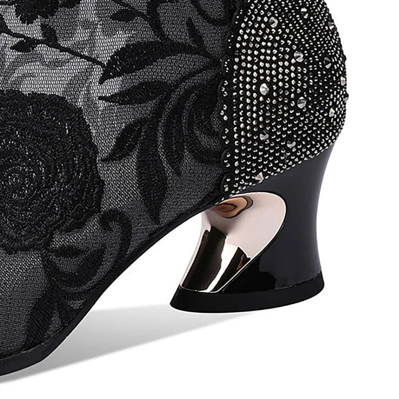 Luxury Crystal Pointed Toe Fashion Boots Women Thick Heel Zipper Ladies Party Shoes Black White Lace Mesh Sexy Female Ankle Boot