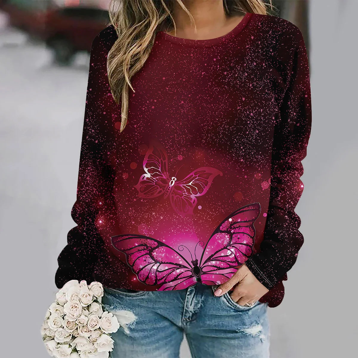 2025 Autumn and winter new fashion round neck long sleeve printed elegant casual loose hoodie