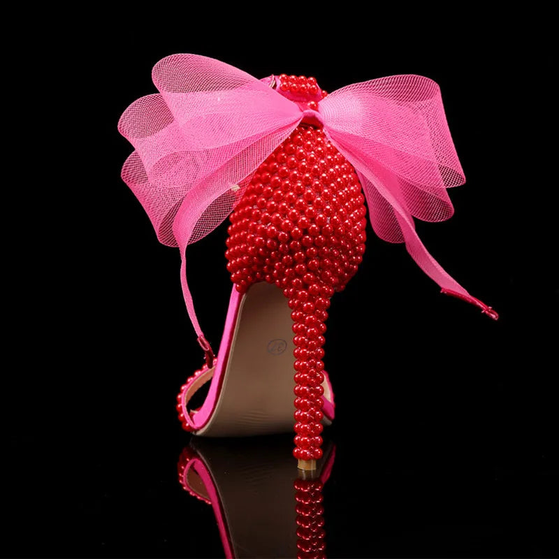 Summer New brand Fashion Bowknot Beading Women Gladiator Sandals Luxury Pearls White thin High heels Wedding Bridal Party Shoes
