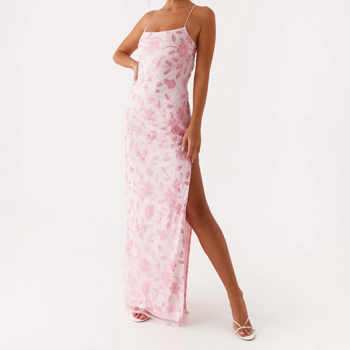 2025 Women Beaded Flower Cami Dress Slim Glitter Sequin High Split Spaghetti Strap Open Back Long Dress for Party Club Vestidos