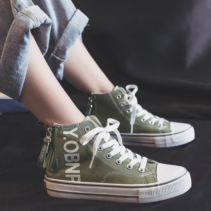 Fashion Purple Womens Canvas Shoes Spring and Autumn High Top Woman Shoes Zipper Breathable Canvas Sneakers Women Vulcanize Shoe