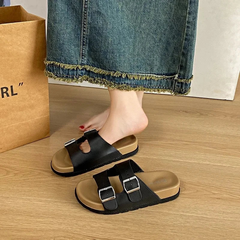 Women's Belted Sandals Roman Style PVC Material Open Toe Metal Decorated Flat Heels Spring Summer Outdoor Wear Fashionable Versa