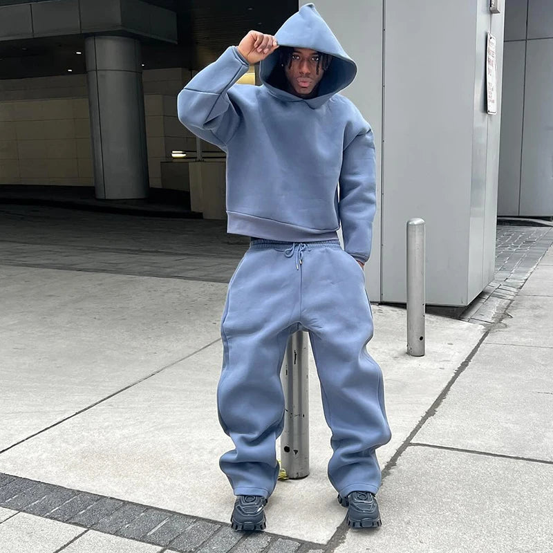 Casual Solid Hooded Pullover Straight Pants 2 Piece Set Tracksuit For Male Fashion Loose Hoodies Sweatshirt Wide Leg Sweatpants